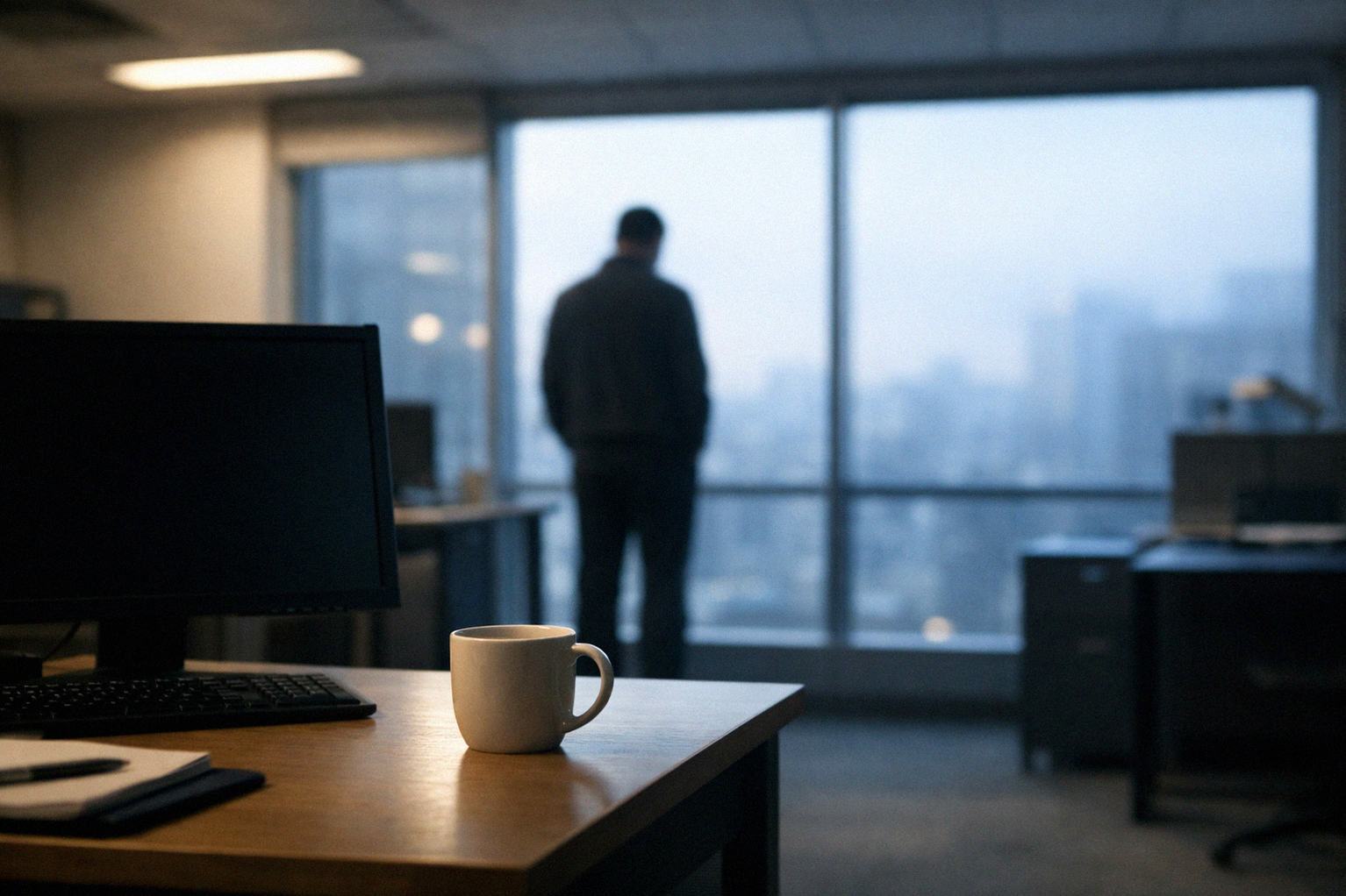 Современный офис с рабочим местом и человеком у окна, символизирующим усталость и выбор между работой и личной жизнью.
