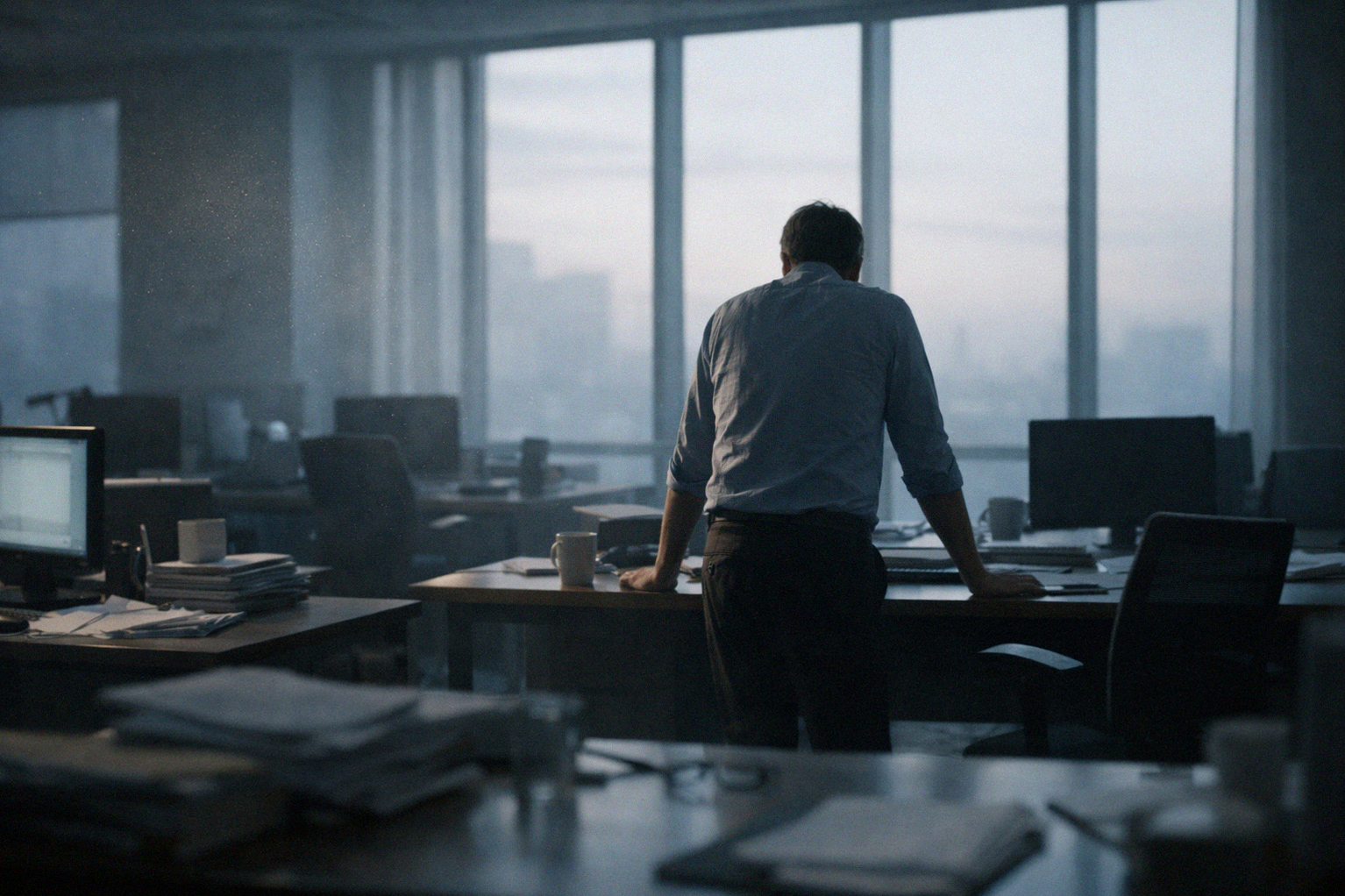 Одинокий офисный работник стоит в полупустом открытом офисе на рассвете, окруженный пустыми столами и полутемными экранами.